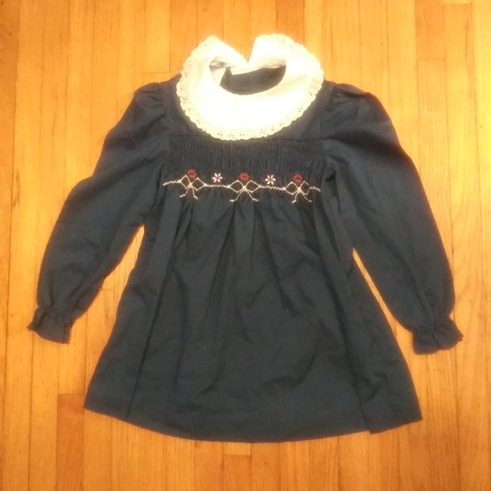 Princess Anne Girls Vintage Smock Christmas Dress Blue Peter Pan Collar Size 4